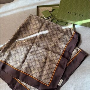 Gucci Brown and Orange Monogram Silk Scarf/Bandana